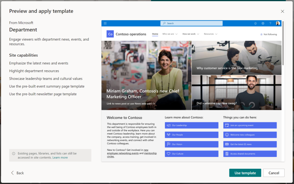 Preview and apply selected site template to SharePoint online modern experience site