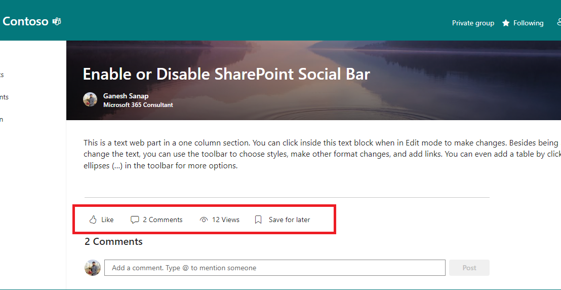 Enable or Disable the Social Bar (Like, Views, Save for later) for individual SharePoint sites